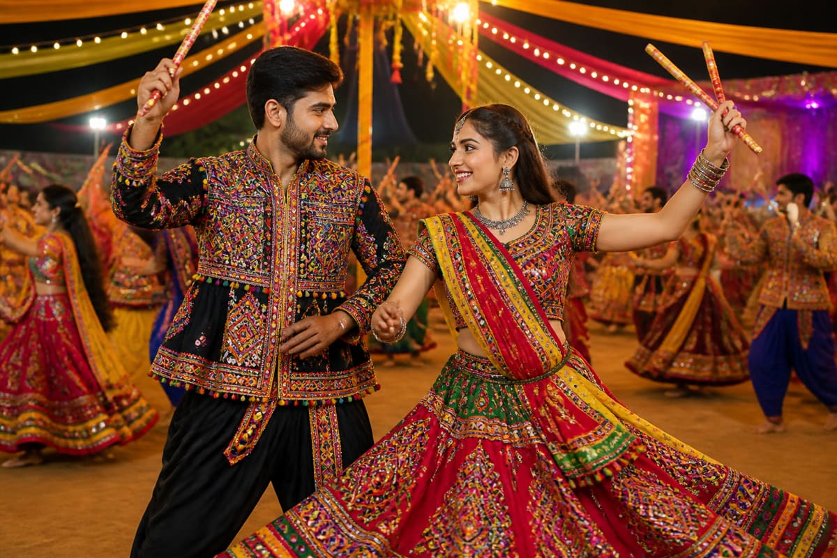 Couple dancing traditional Garba