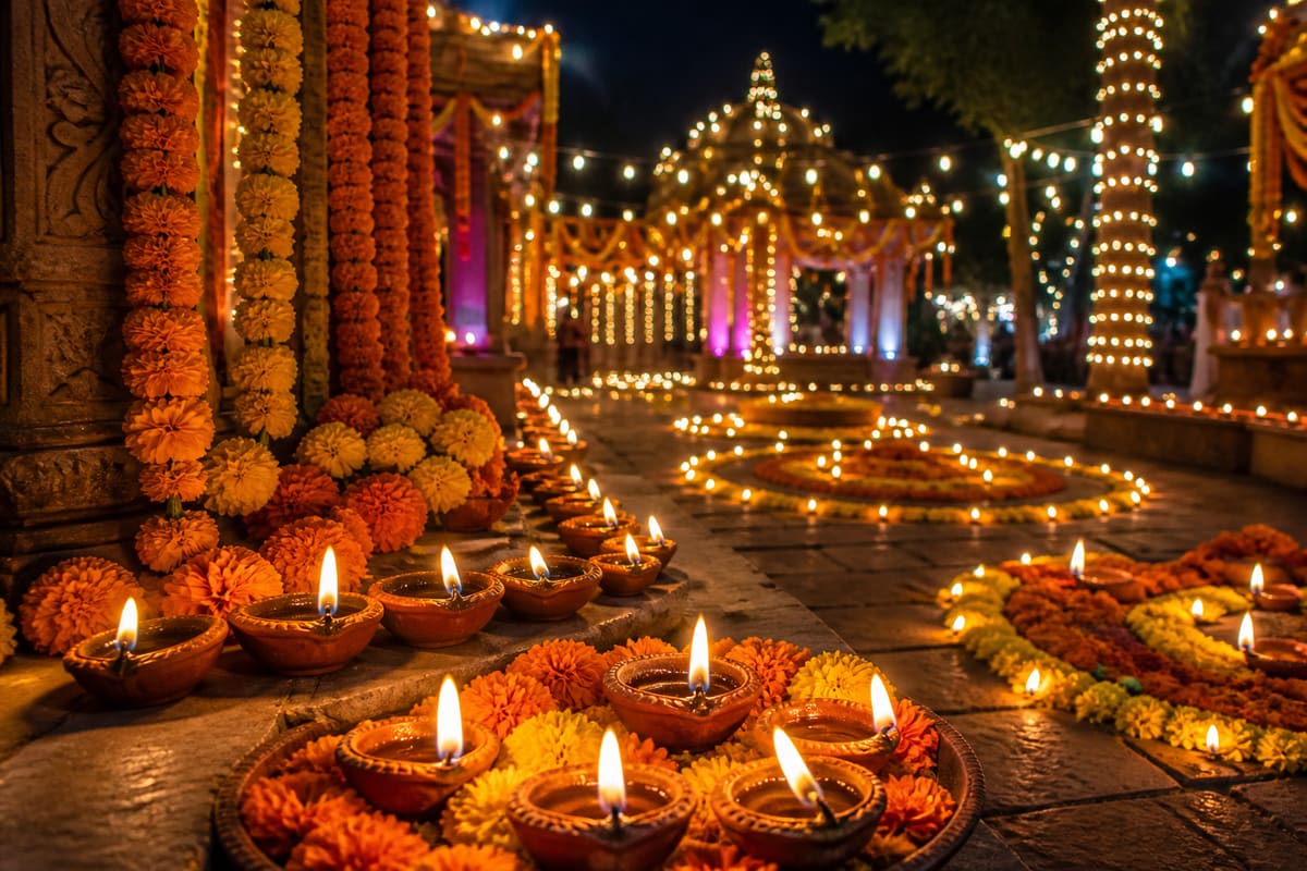 Diya lamps and marigold decor