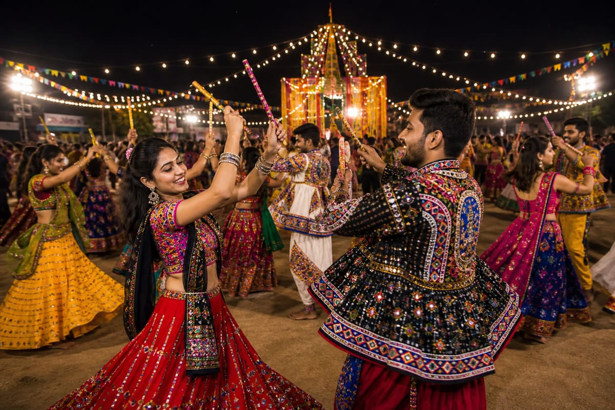 Group dancing Garba with dandiya sticks